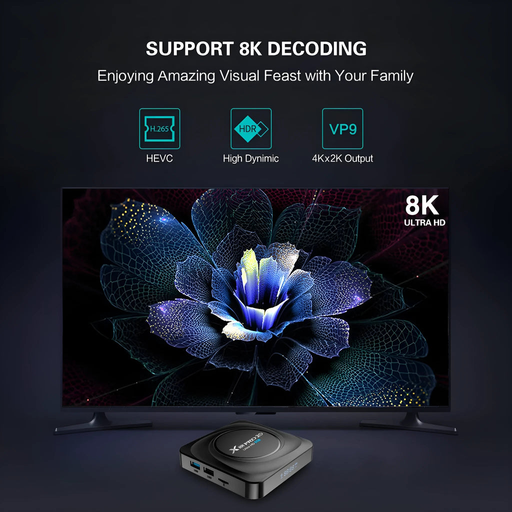 Android set-top TV box with remote control on a wooden surface