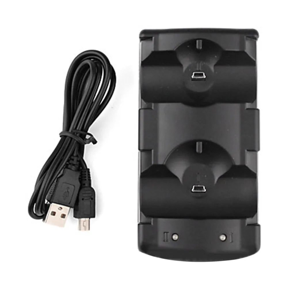 Black dual USB charging dock for PlayStation 3 controllers holding two wireless gamepads