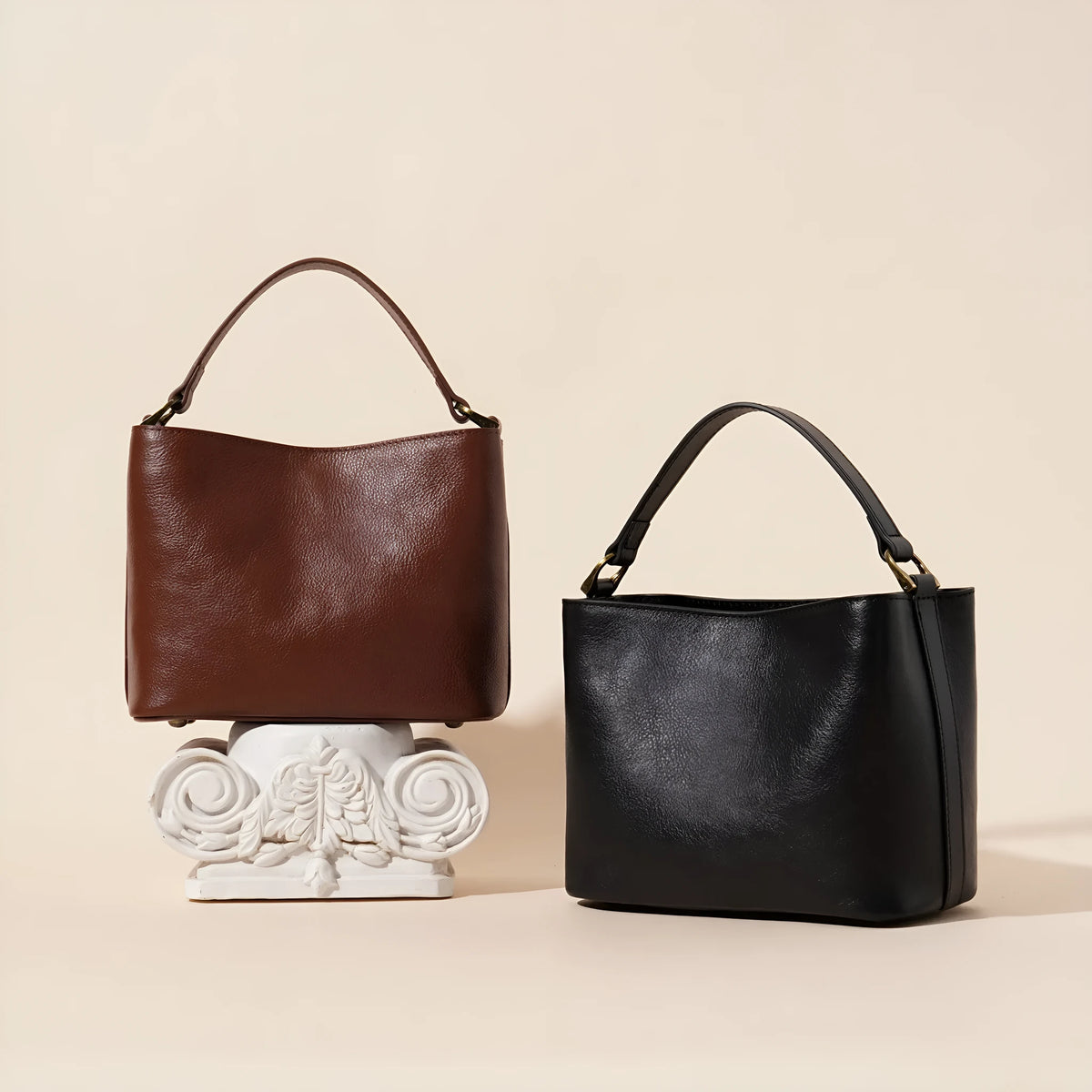 Sugar brown cowhide leather shoulder handbag, square vertical 22.5x12x17cm, single strap, sewing thread detail