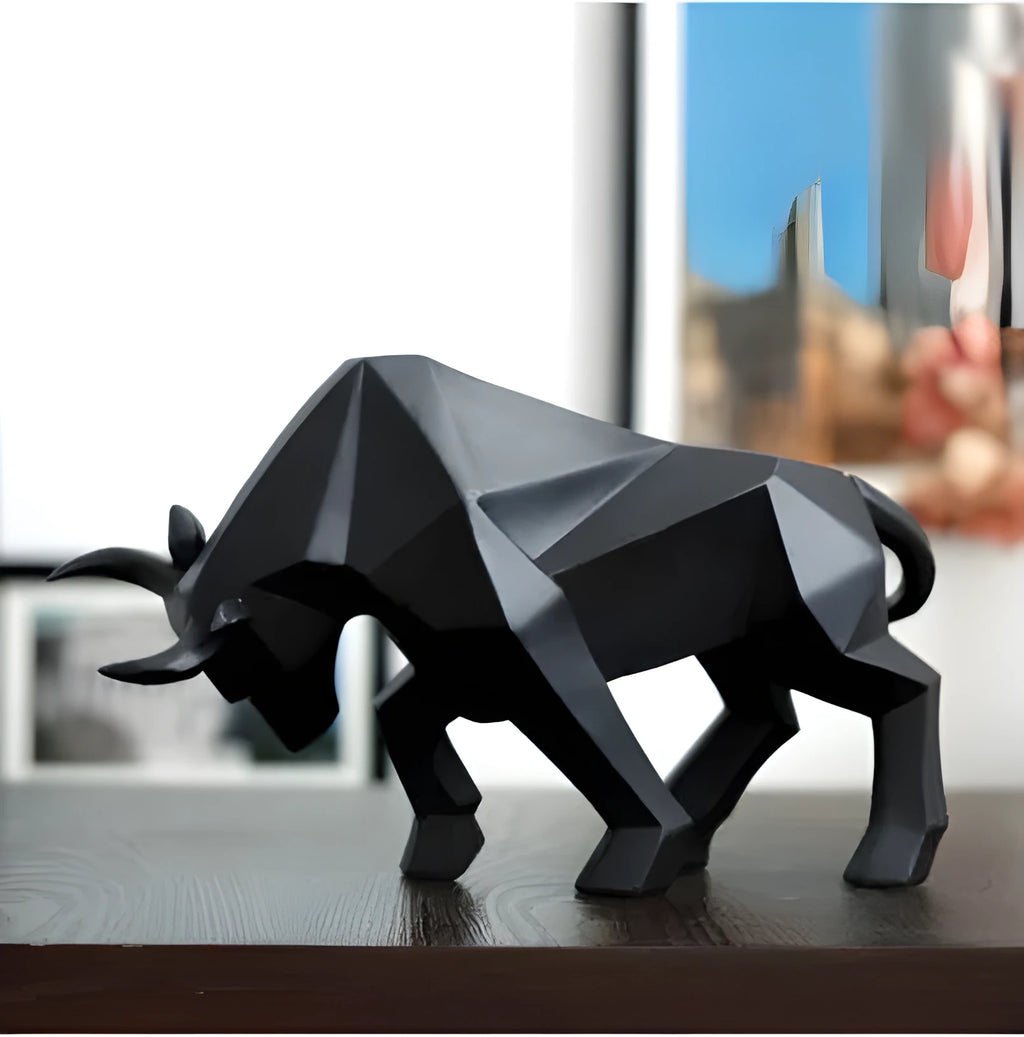 Black geometric resin bull sculpture, abstract bison statue about 35cm long for office or home decor
