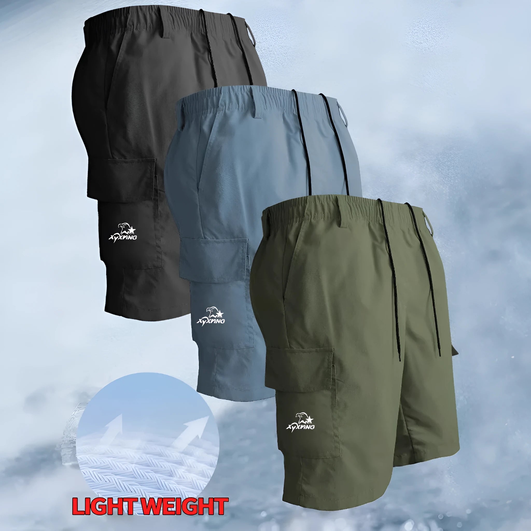 A pair of loose-fitting straight-leg casual shorts in a sports style, made from polyester fabric, shown in one of four colour options.