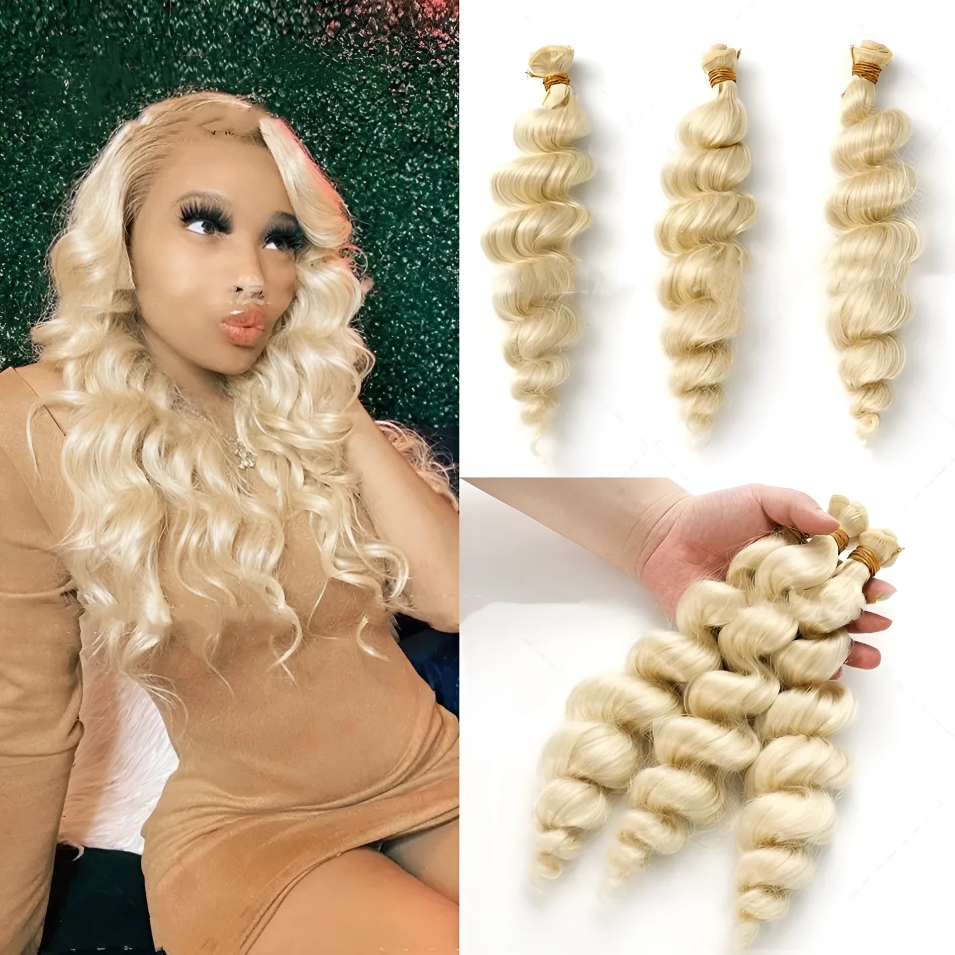 Golden blonde synthetic weft wig for women, shown in long style.