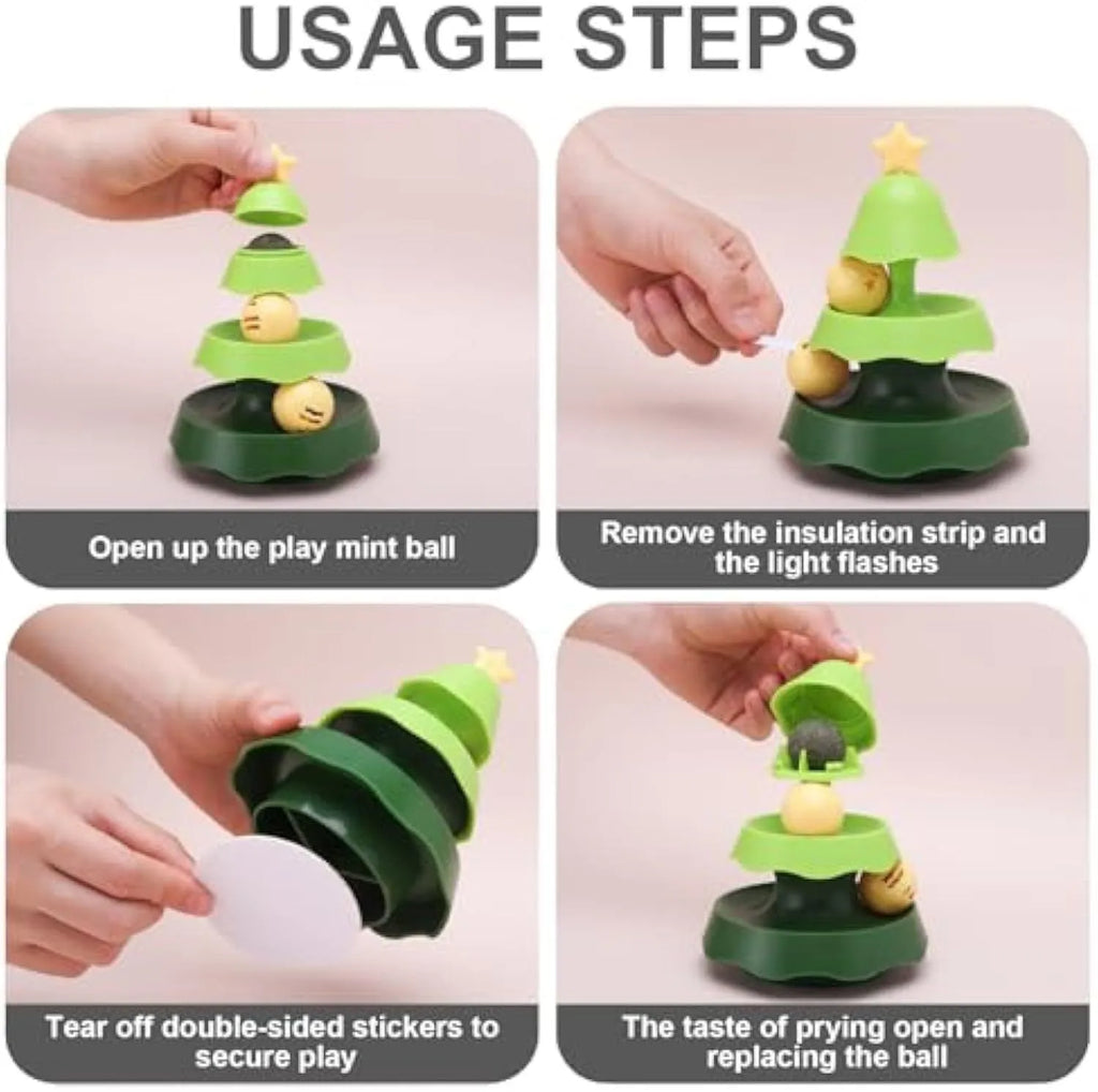 Green tree-shaped cat toy with two-level track, two moving balls, and top catnip ball under cover.