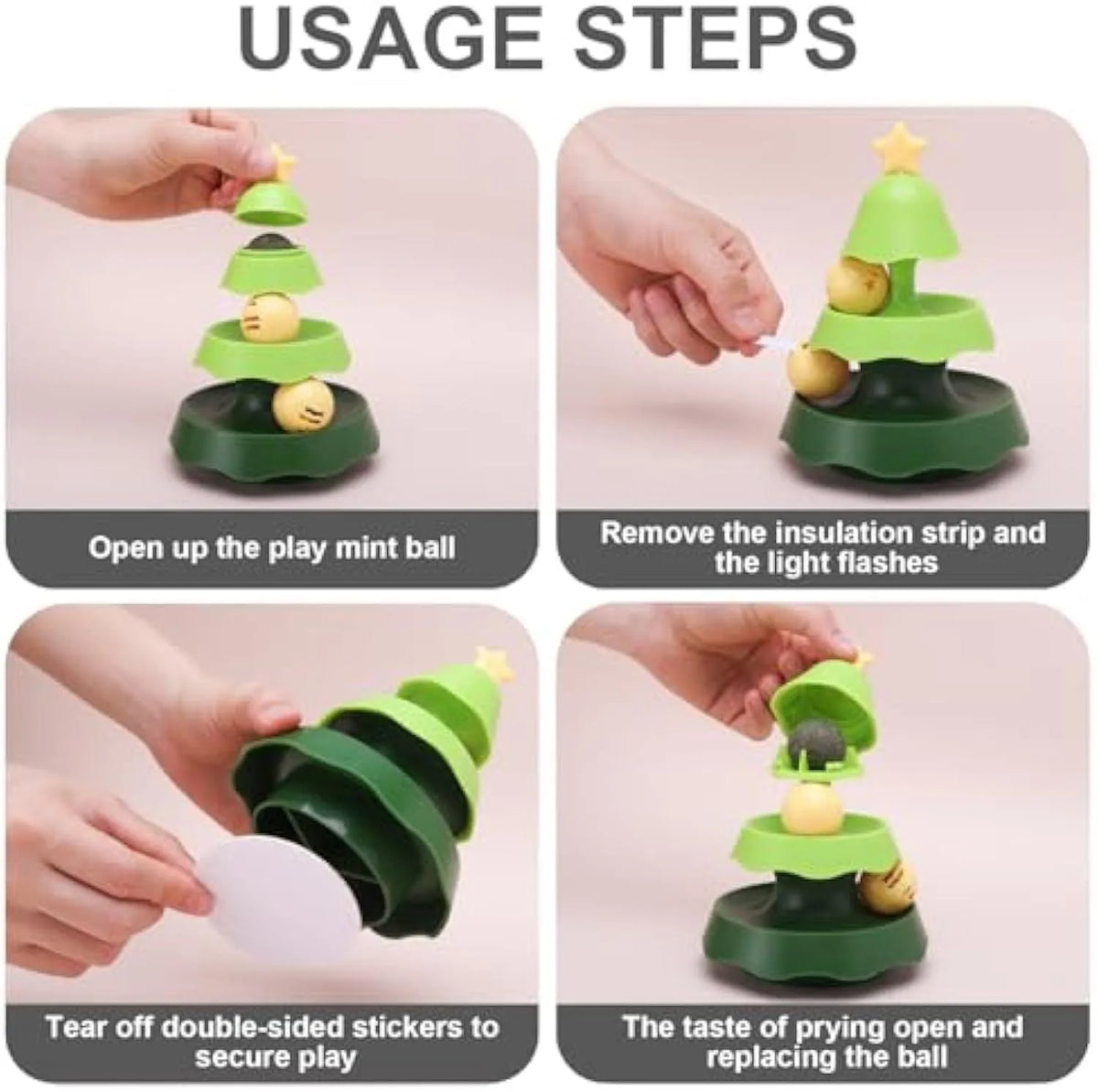 Green tree-shaped cat toy with two-level track, two moving balls, and top catnip ball under cover.