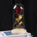 Red eternal rose in glass cover with warm white LED strip lit on dark surface
