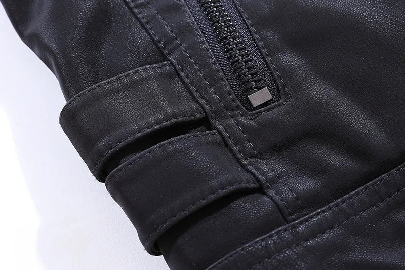 Men's vintage washed PU leather jacket with stand-up collar and zipper pockets, shown in army green