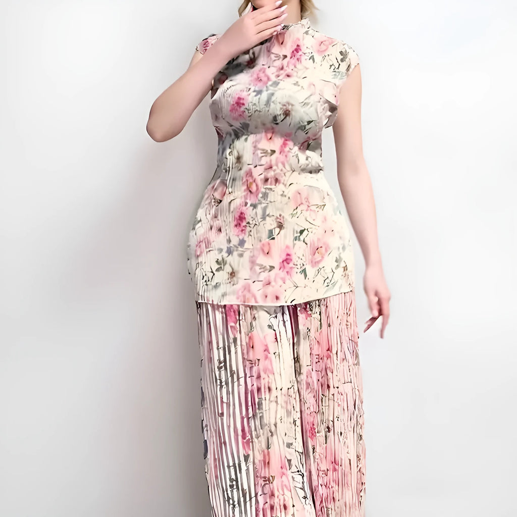 Long sleeve high waisted printed chiffon dress set shown in picture colour.