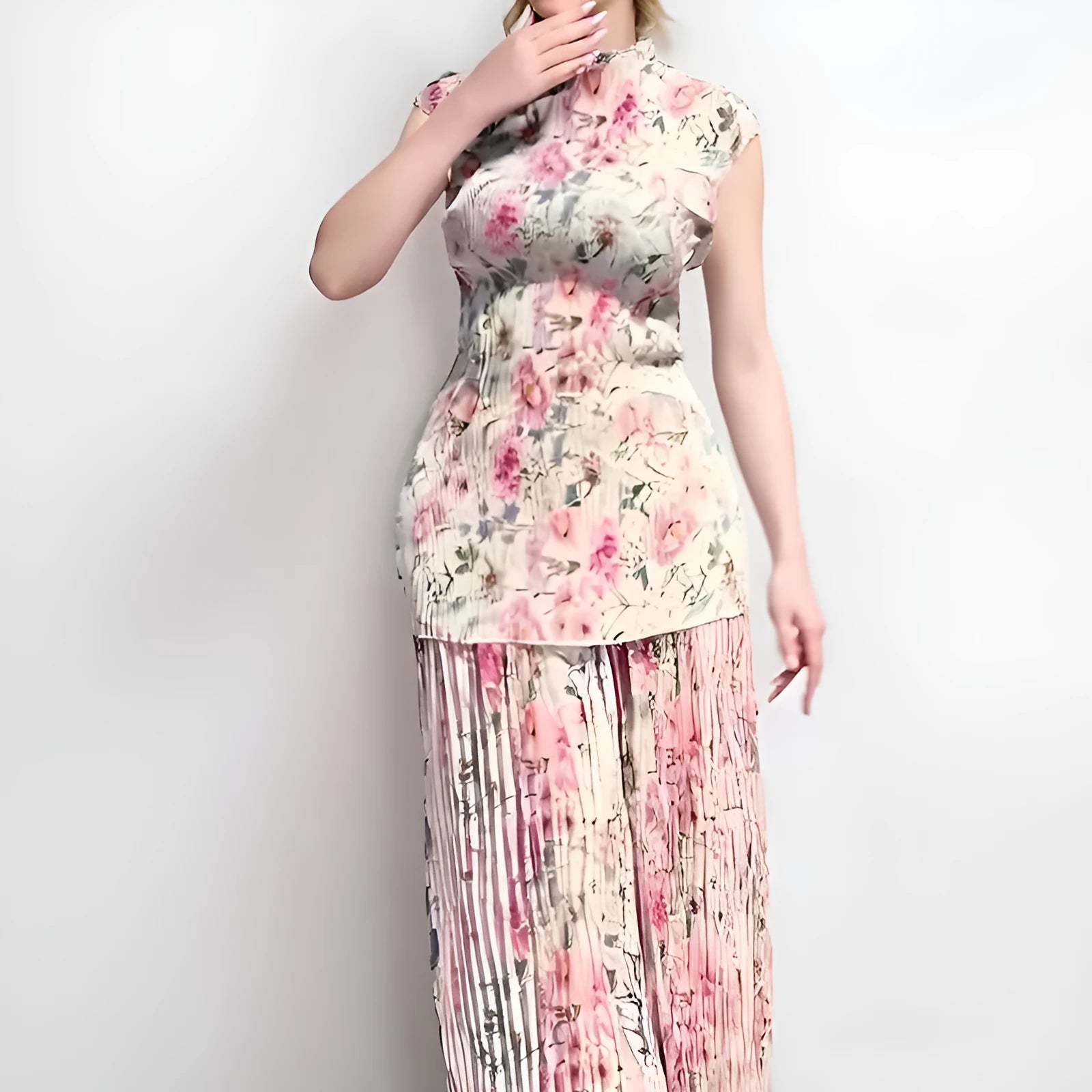 Long sleeve high waisted printed chiffon dress set shown in picture colour.