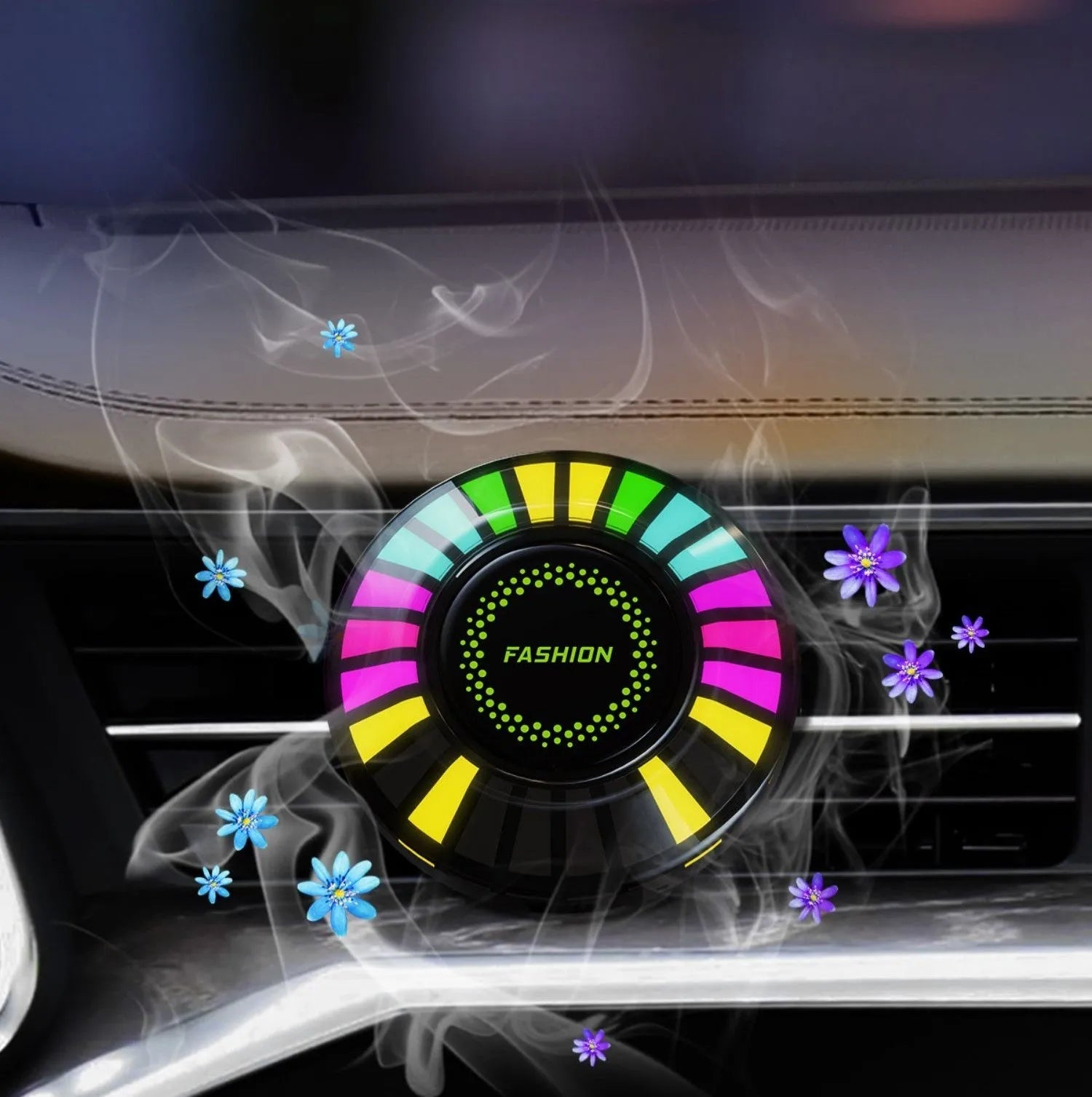 Car air vent-mounted RGB atmosphere light with aromatherapy diffuser in 3D pickup design.