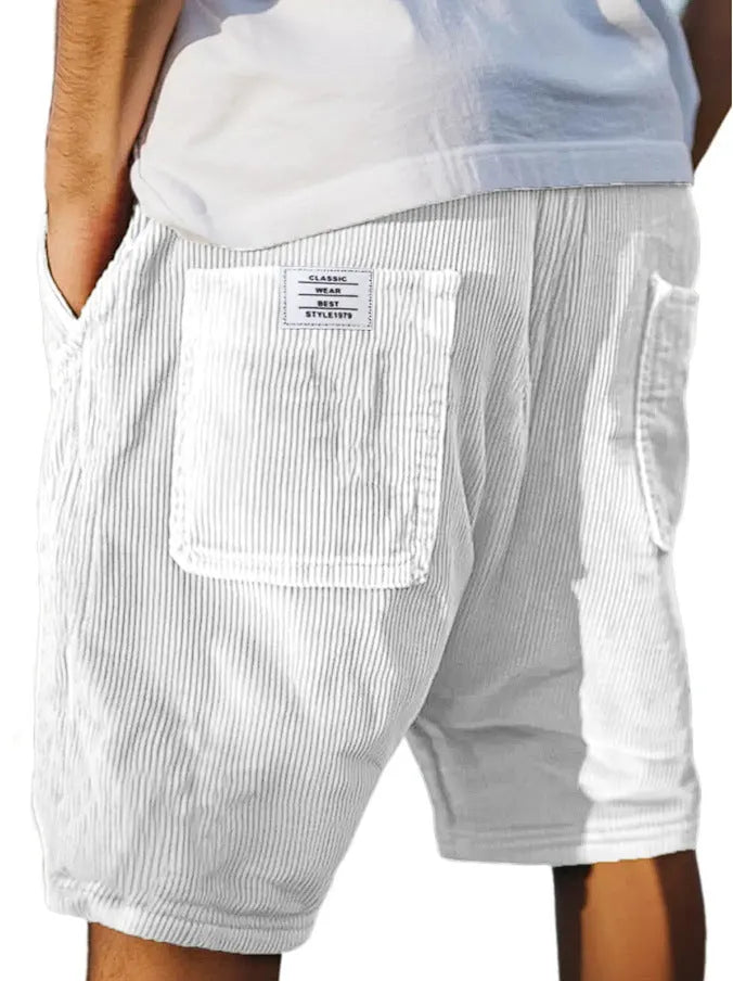Men's straight-leg corduroy shorts with multiple pockets and embroidery detailing in grey colour