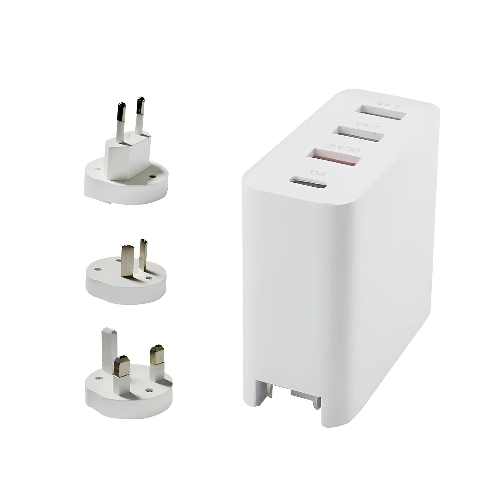 Black 48W desktop charger with four USB-C ports and a white UK plug on a wooden table.