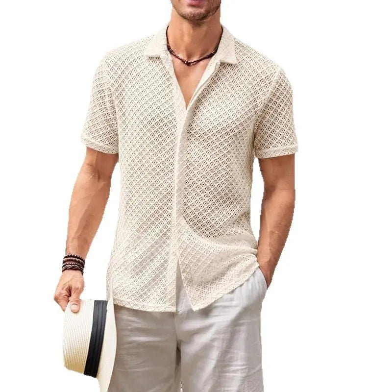 Men's mesh short sleeve shirt with lapel collar in cotton-blend fabric