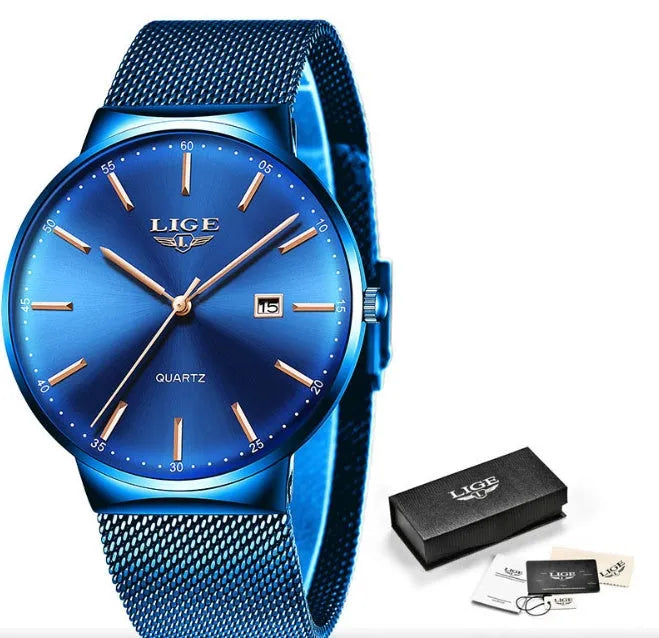 Men's stainless steel wristwatch with a 40mm case shown in black, blue, and two-tone colour variants
