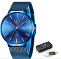 Men's stainless steel wristwatch with a 40mm case shown in black, blue, and two-tone colour variants