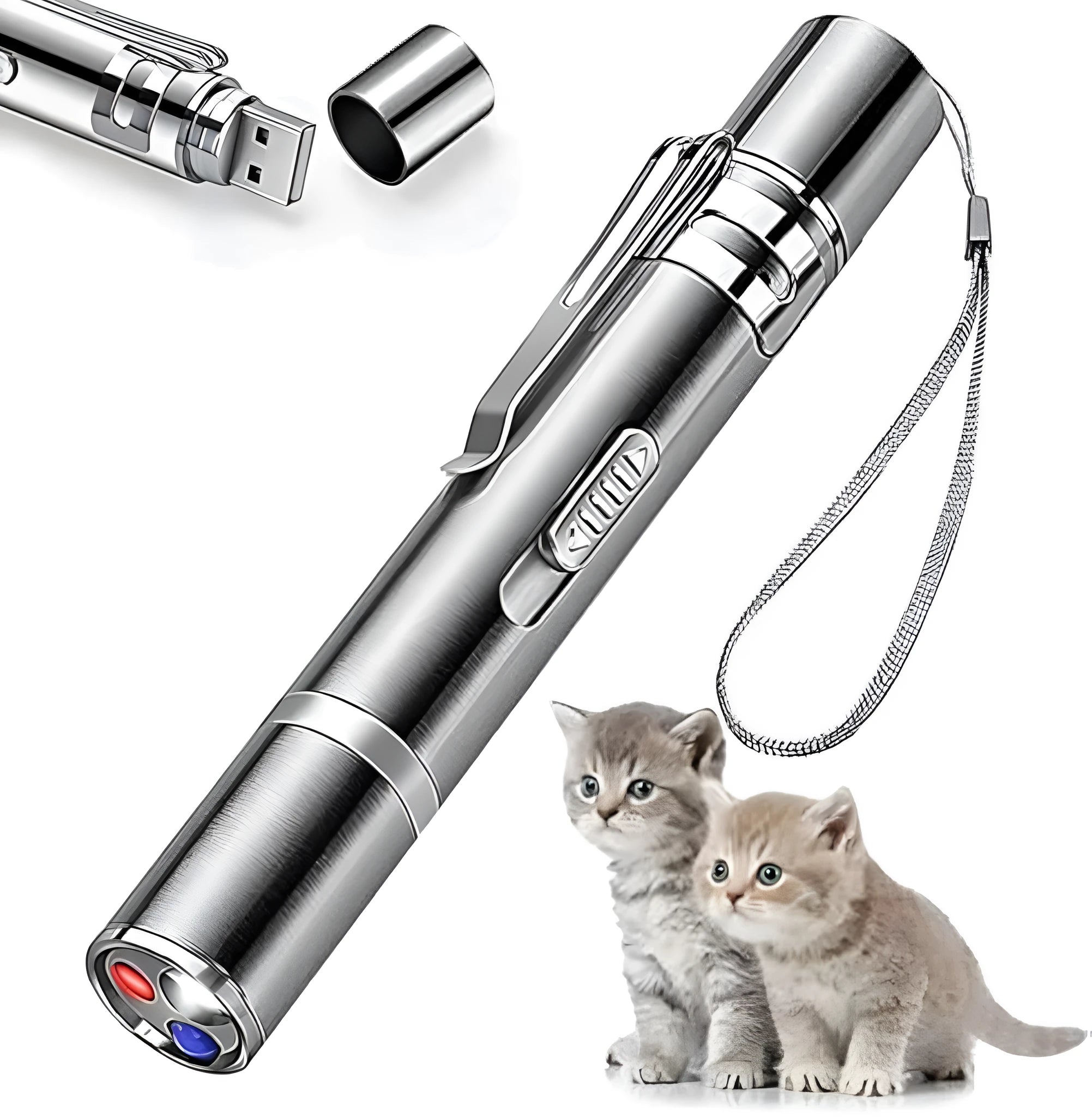 Silver aluminium cat toy pointer wand with USB charging showing laser patterns on wall