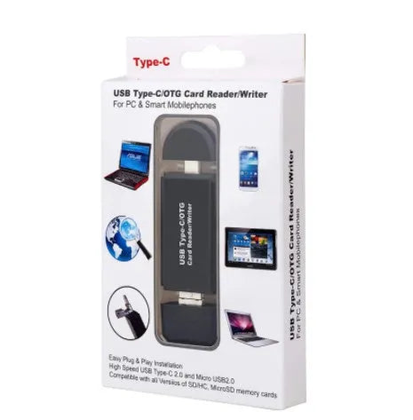 Black USB 3.0 card reader with Type-C connector for SD and TF memory cards