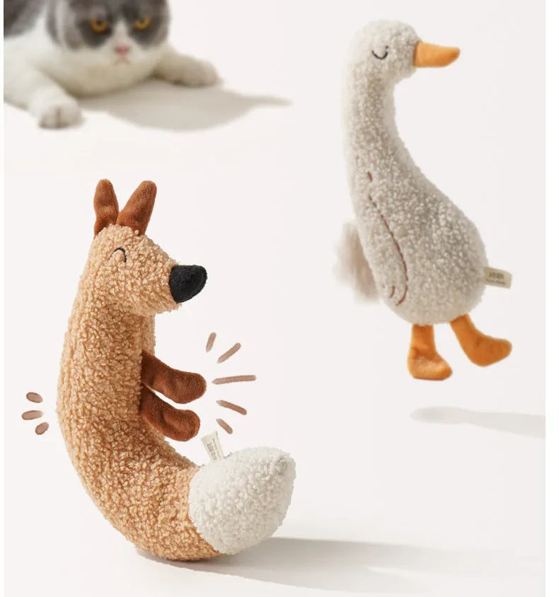 Cartoon fox and duckling pet chew toys with soft plush fabric and crinkly sound filling
