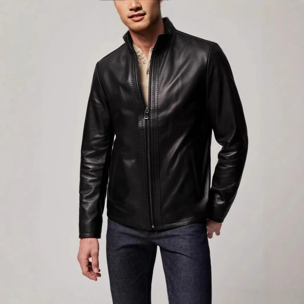 Men's black retro jacket with regular fit, long sleeves, straight hem, and no hood, shown in sizes S to XXXL