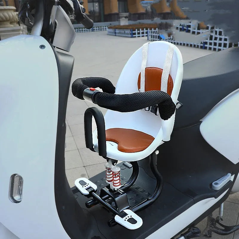High carbon steel front child seat for battery scooter in red, white, or black.