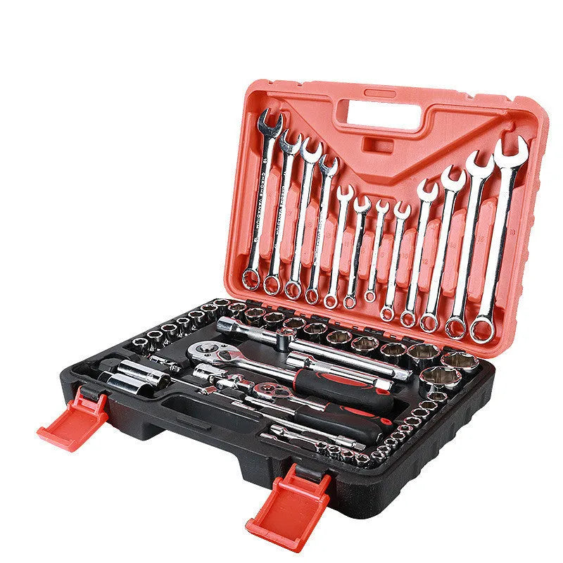 61-piece metric socket wrench set with chrome vanadium steel tools in a box for car and mechanical repair.