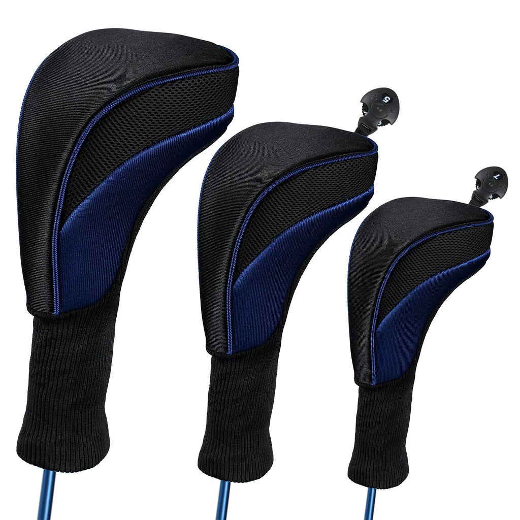 Set of six fabric golf club covers in black, blue, red, and two-tone stripes for driver and fairway wood protection