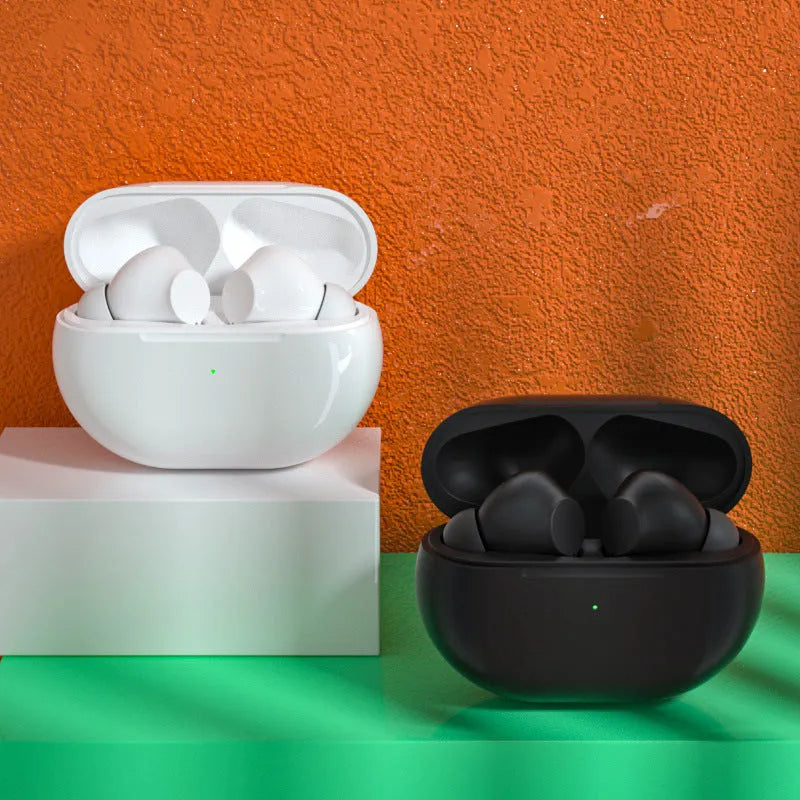 Black Pro4 true wireless Bluetooth earbuds and charging case on a white background.