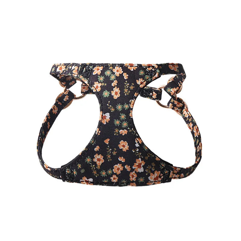 Floral pattern pet harness with matching leash in cloth material showing colour options and single chest back design