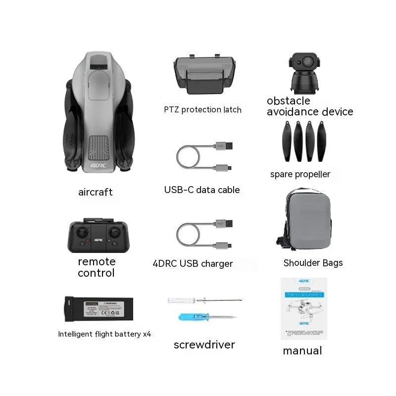 White foldable quadcopter drone with camera and propeller guards on a grey background