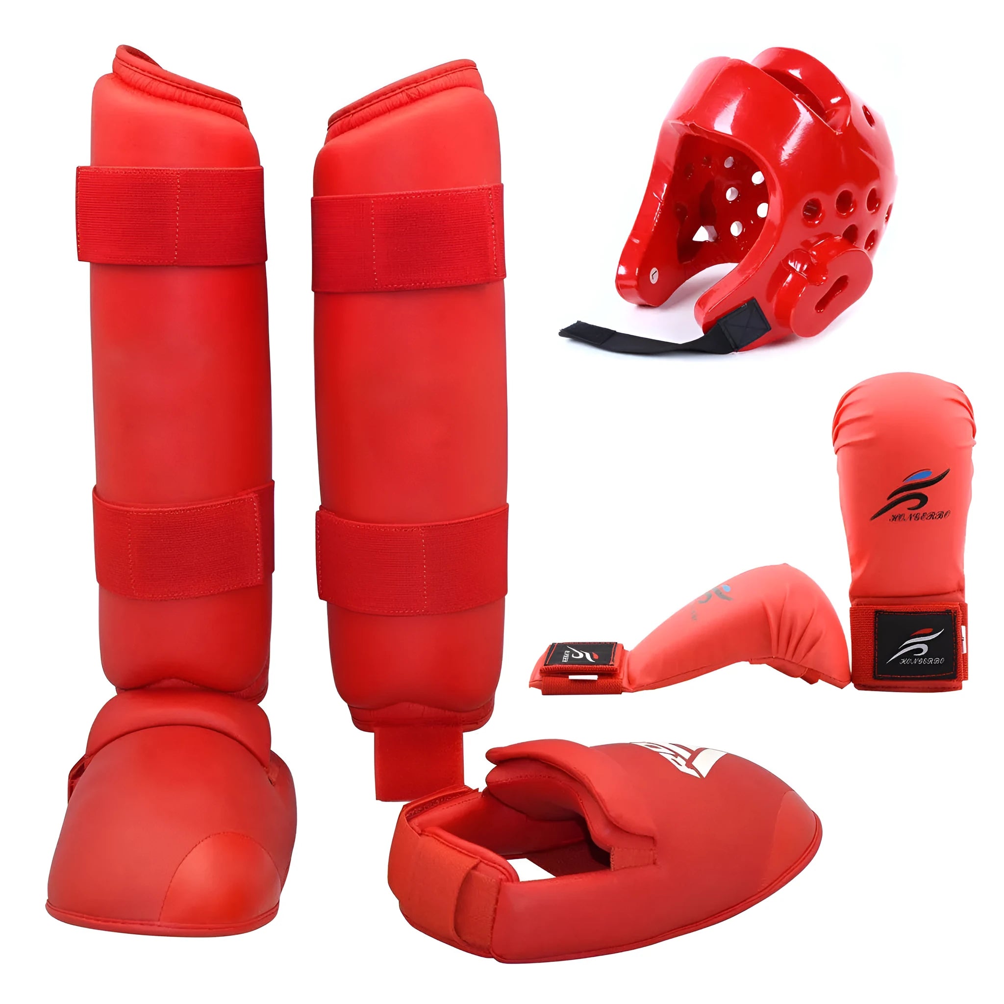 Blue martial arts protective gear set showing leg guards, helmet, and boxing gloves for karate taekwondo