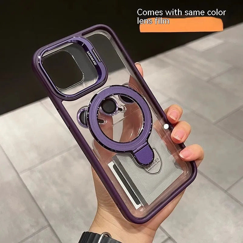 Magnetic silicone iPhone case with invisible bracket and lens cover in black, dark night purple, orange, or titanium grey.