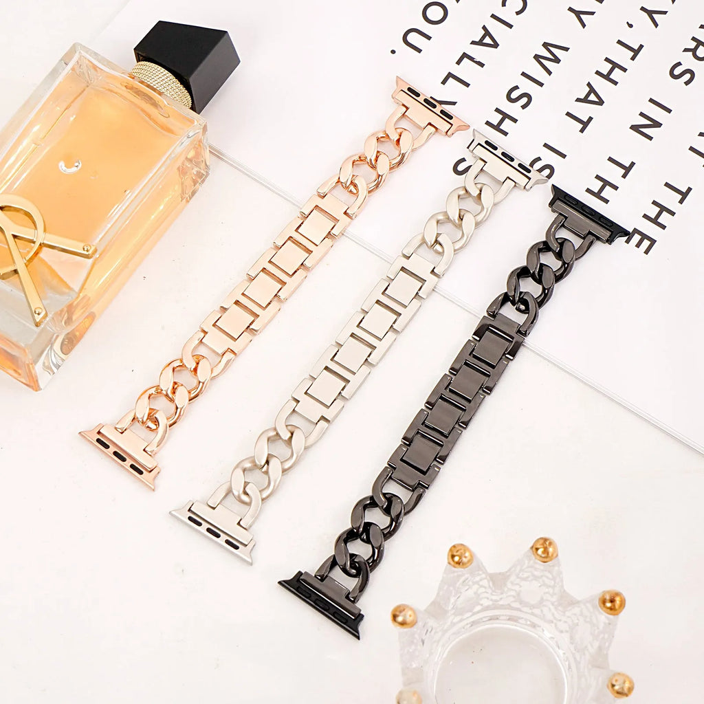 Metal denim chain design Apple Watch strap in silver, black, gold, rose gold and Starlight colours for 38mm to 49mm models.