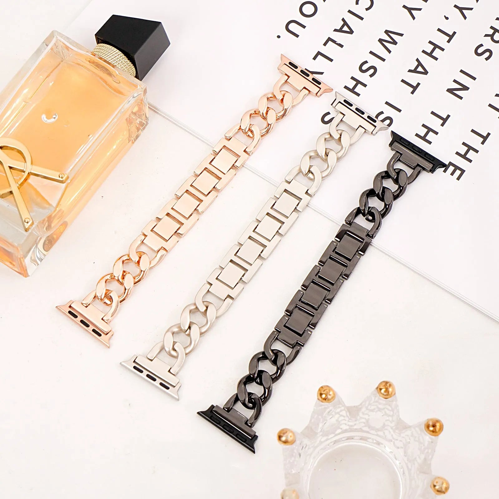 Metal denim chain design Apple Watch strap in silver, black, gold, rose gold and Starlight colours for 38mm to 49mm models.