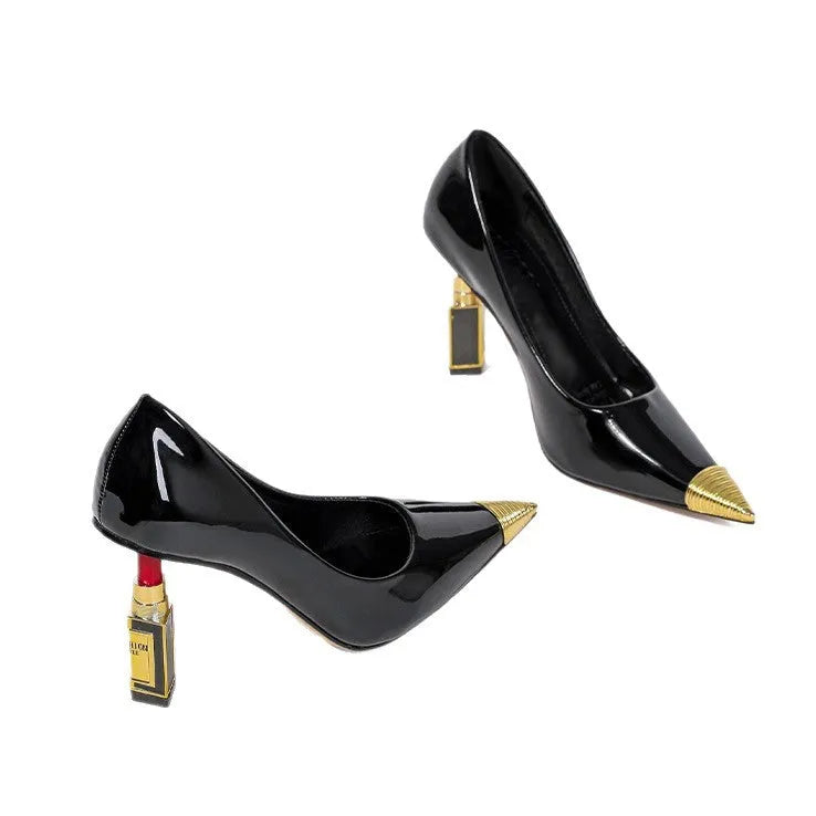 Red and black pointy peep-toe stiletto pumps with metal toe caps, slip-on PU upper and rubber sole, sizes 35-40