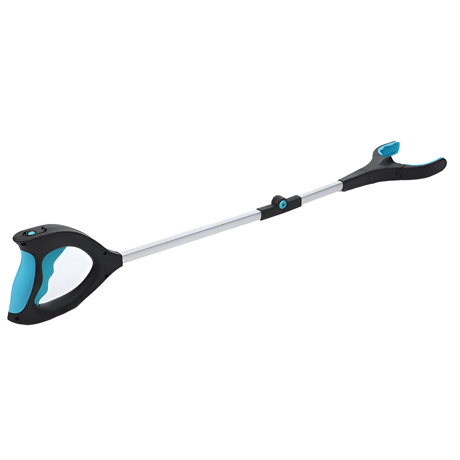 Blue telescopic aluminium fishing rod shown both extended and collapsed, with stainless steel reel seat and EVA handle.