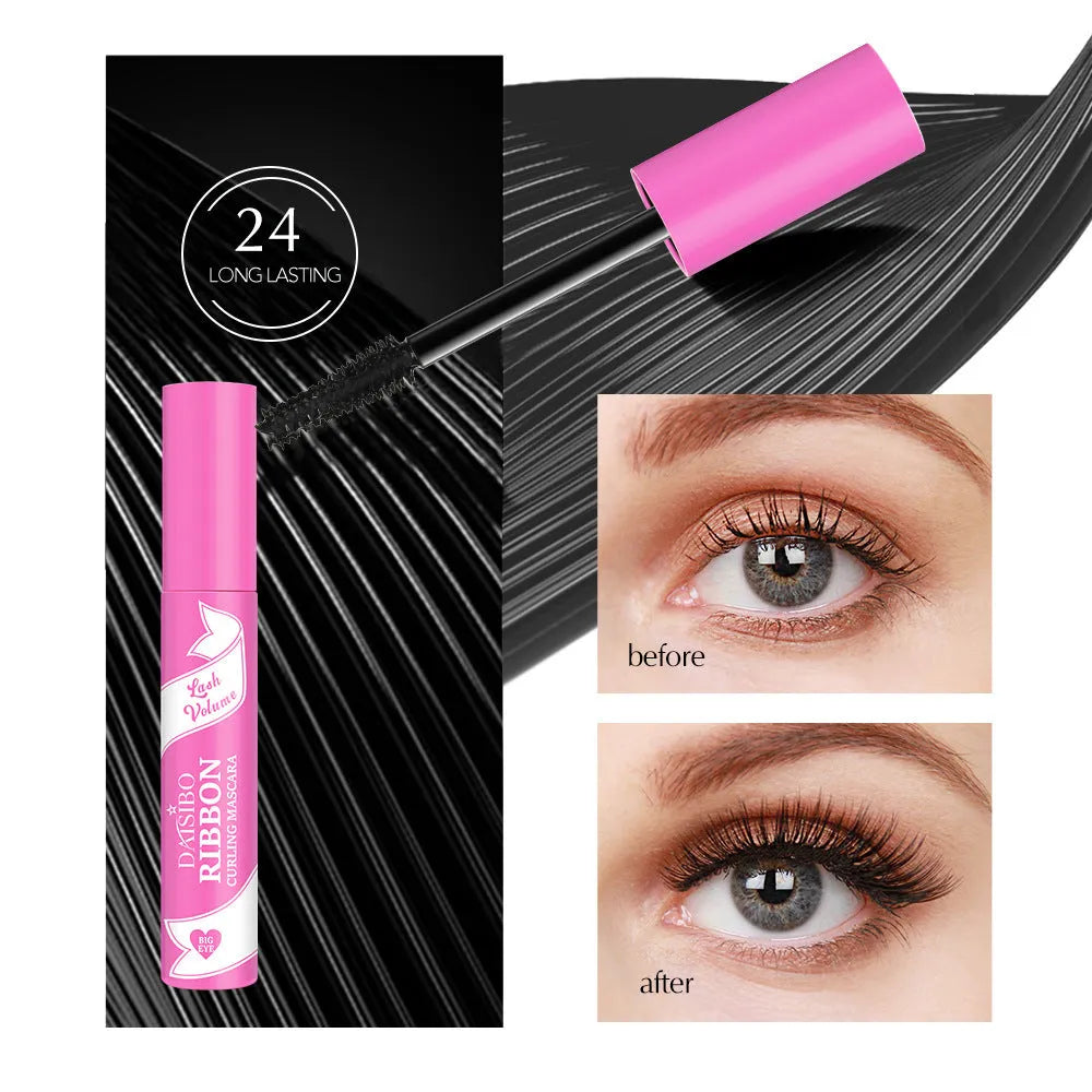 Pink tube of long thick curling mascara with not smudge formula 10ml