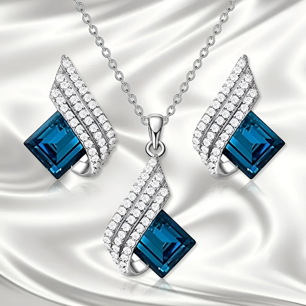 Women's electroplated alloy necklace and ear stud set with glass decoration pendant