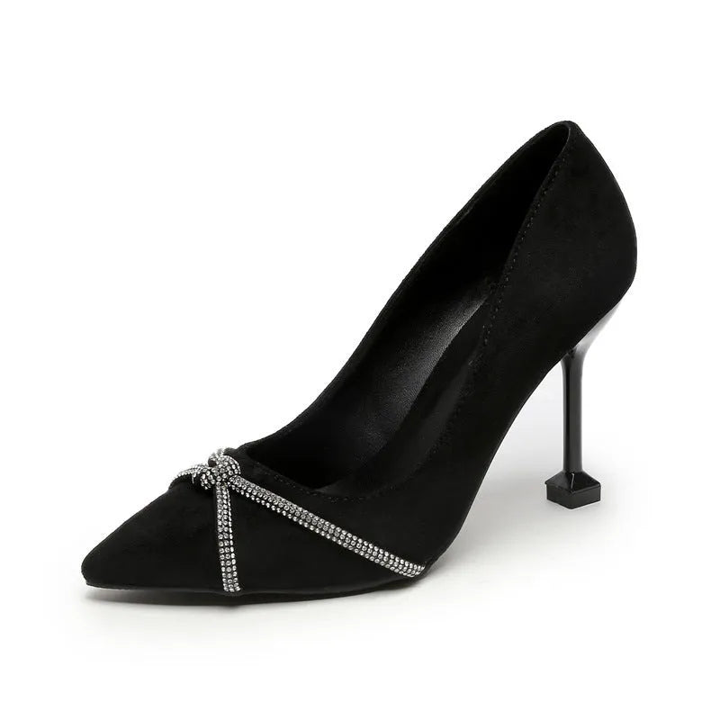 Women's stiletto heels in apricot 7.5cm with pointed toe, suede upper, and rhinestone decoration