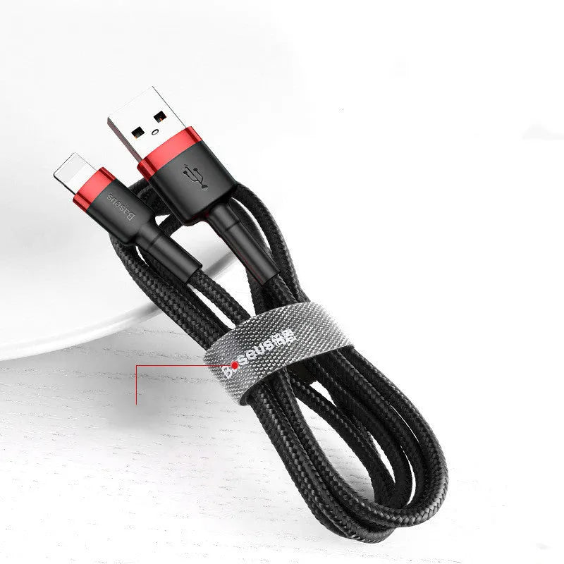 Red and deep space grey USB to Lightning charging cables in different lengths for iPhone.