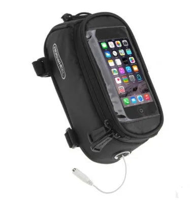 ROSWHEEL black PVC bicycle frame bag holding an iPhone on a bike top tube