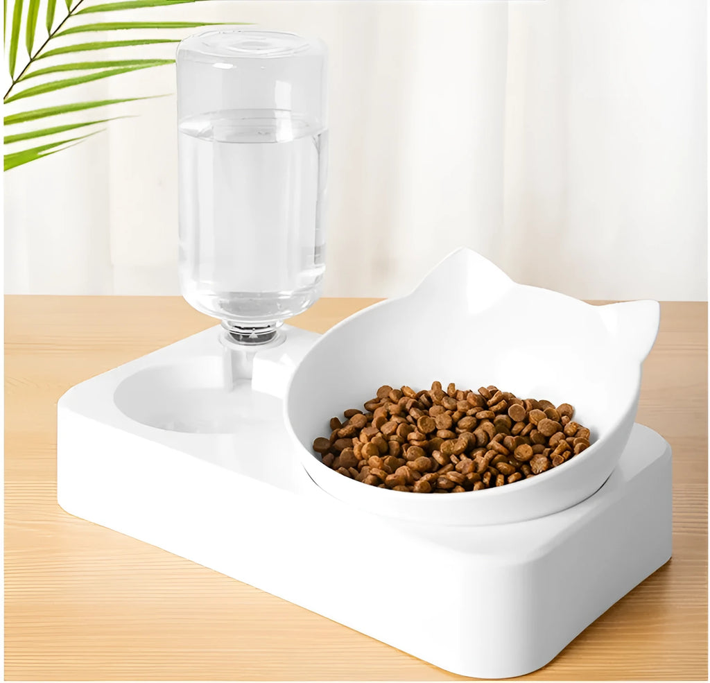 Automatic water storage dog bowl with 15-degree adjustable double bowl, white, showing tilted design for improved eating posture