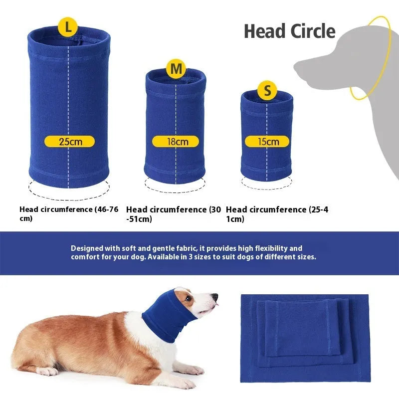 Blue and grey dog headband scarf in soft polyester fabric with adjustable sizing