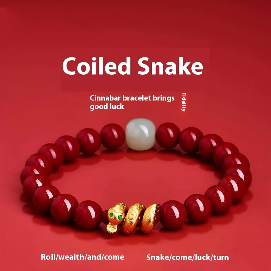 Handmade cinnabar snake year zodiac bracelet showing snake bead detail