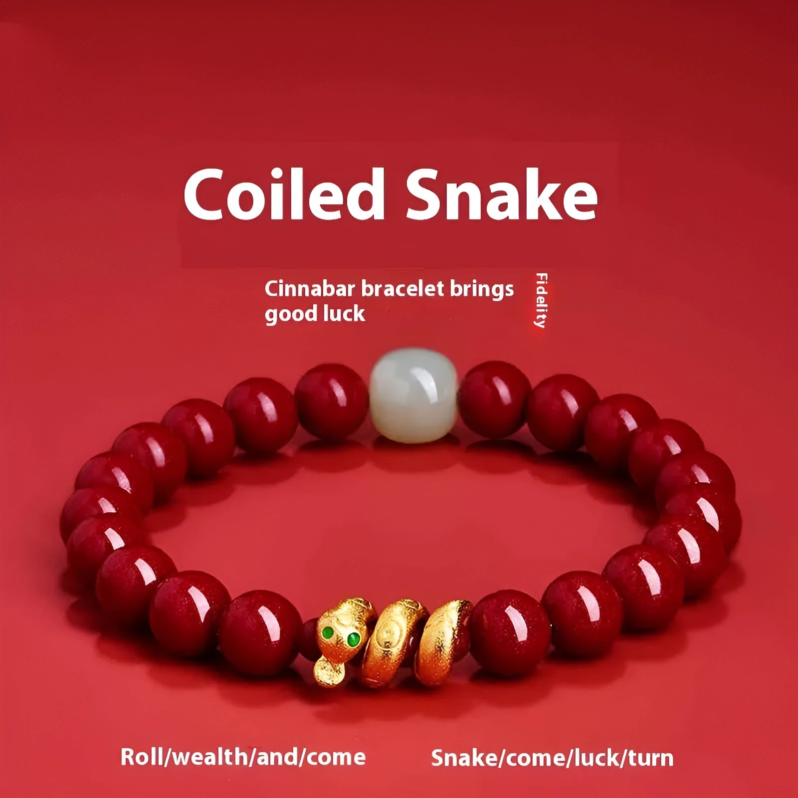 Handmade cinnabar snake year zodiac bracelet showing snake bead detail