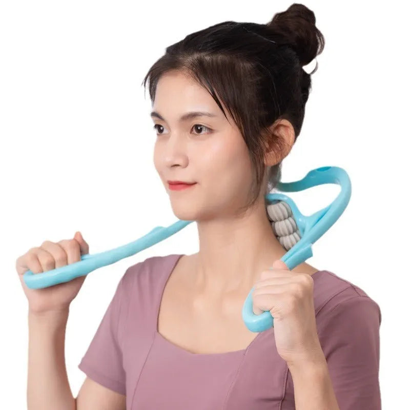 Blue plastic six-wheel electric neck and shoulder massager with control buttons on a white background
