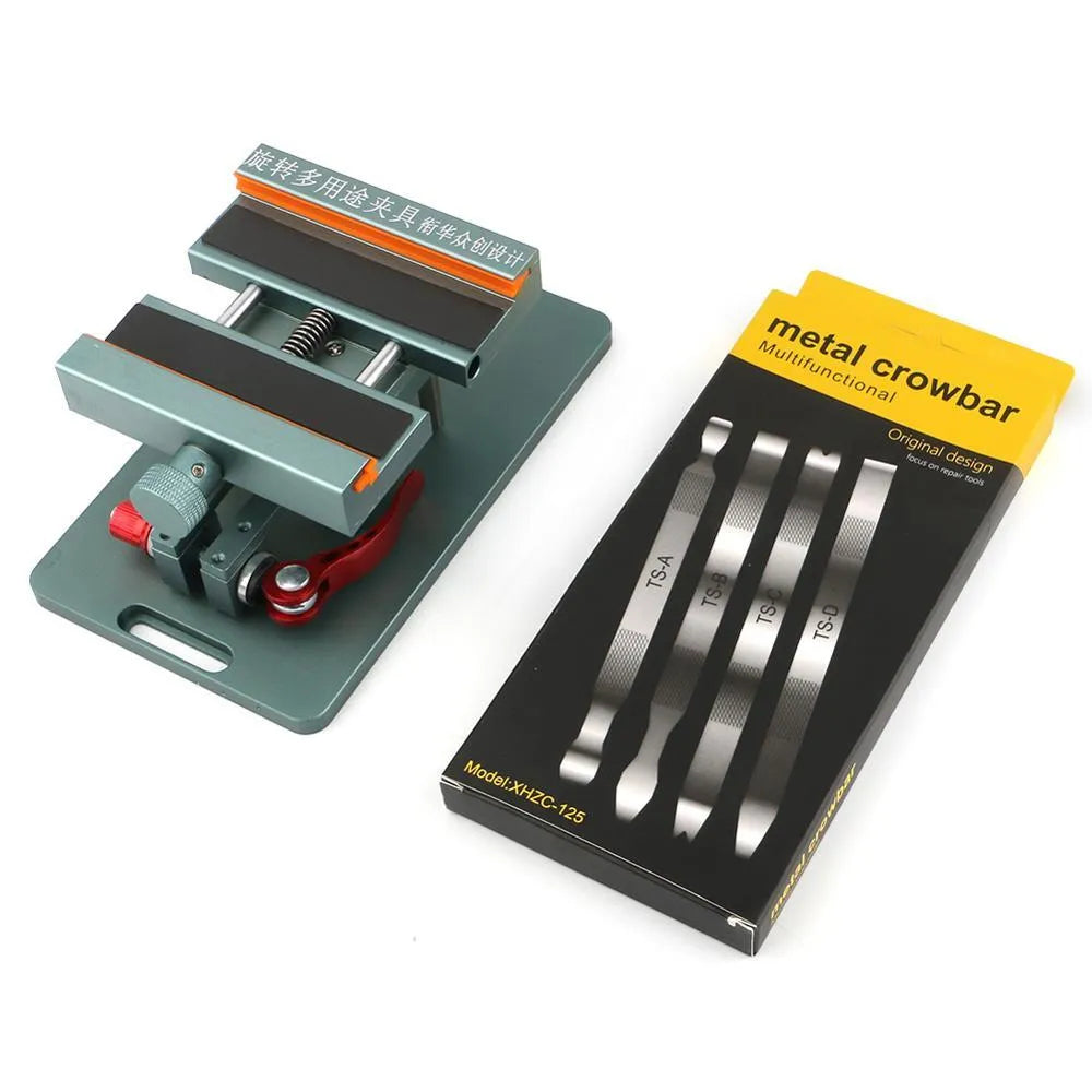 Mobile phone rear cover glass fixing fixture with adjustable clamp and silicone grip.