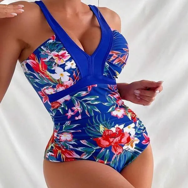 Women's floral patterned backless one-piece swimsuit in polyester spandex construction