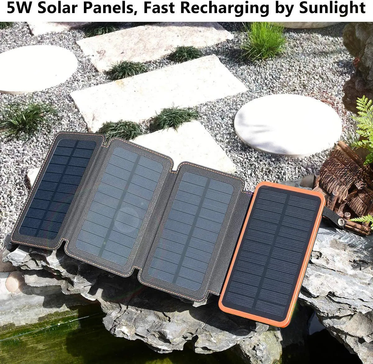 Black outdoor solar power bank with a leather finish, showing the solar panel and a single USB charging port.