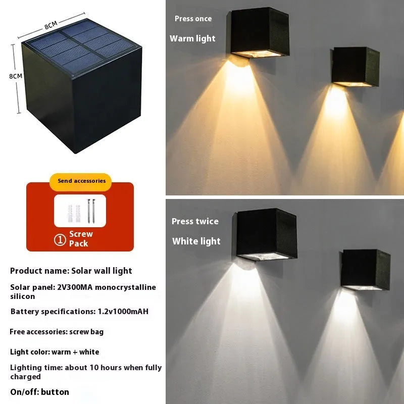 Outdoor square solar wall lamp with LED, IP55, 80x80mm, for garden fence decor