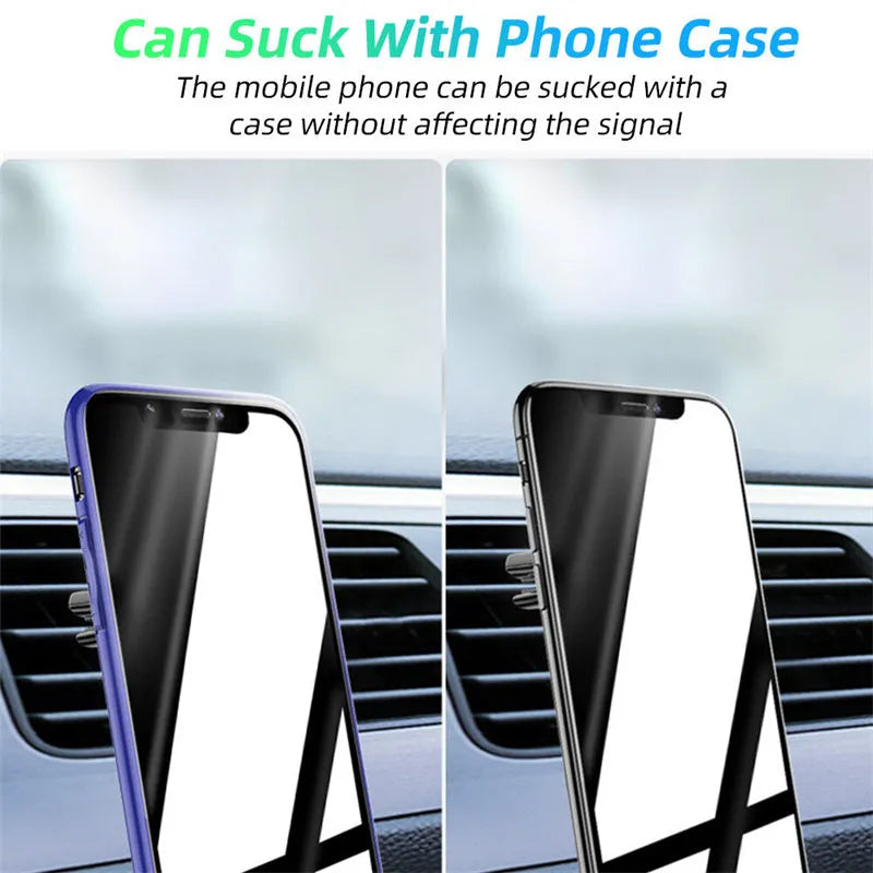 Black magnetic car phone holder clipped to a car air vent, showing a smartphone attached and the 360-degree rotating bracket.