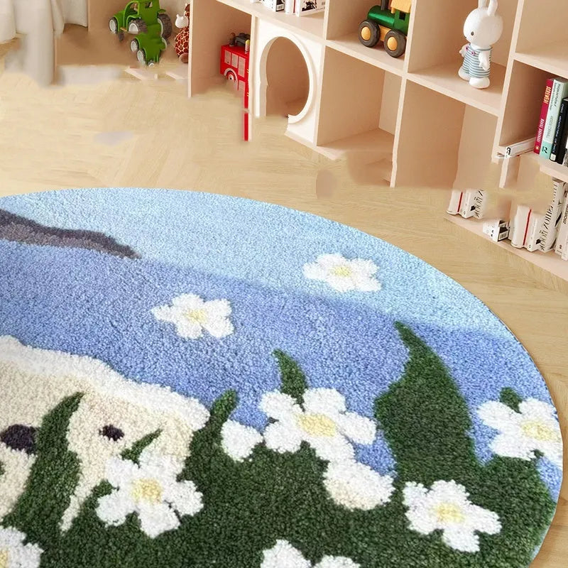 HAILANG round children's room carpet with cartoon blue snow mountain pattern, polyester, spray coast colour option
